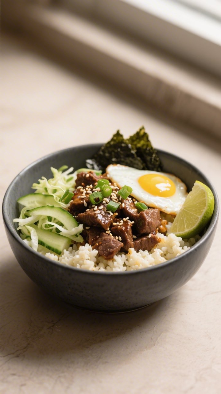 Final plated bowl, hero shot: Keto Korean Beef Bowl served over fluffy butter-sautéed cauliflower r