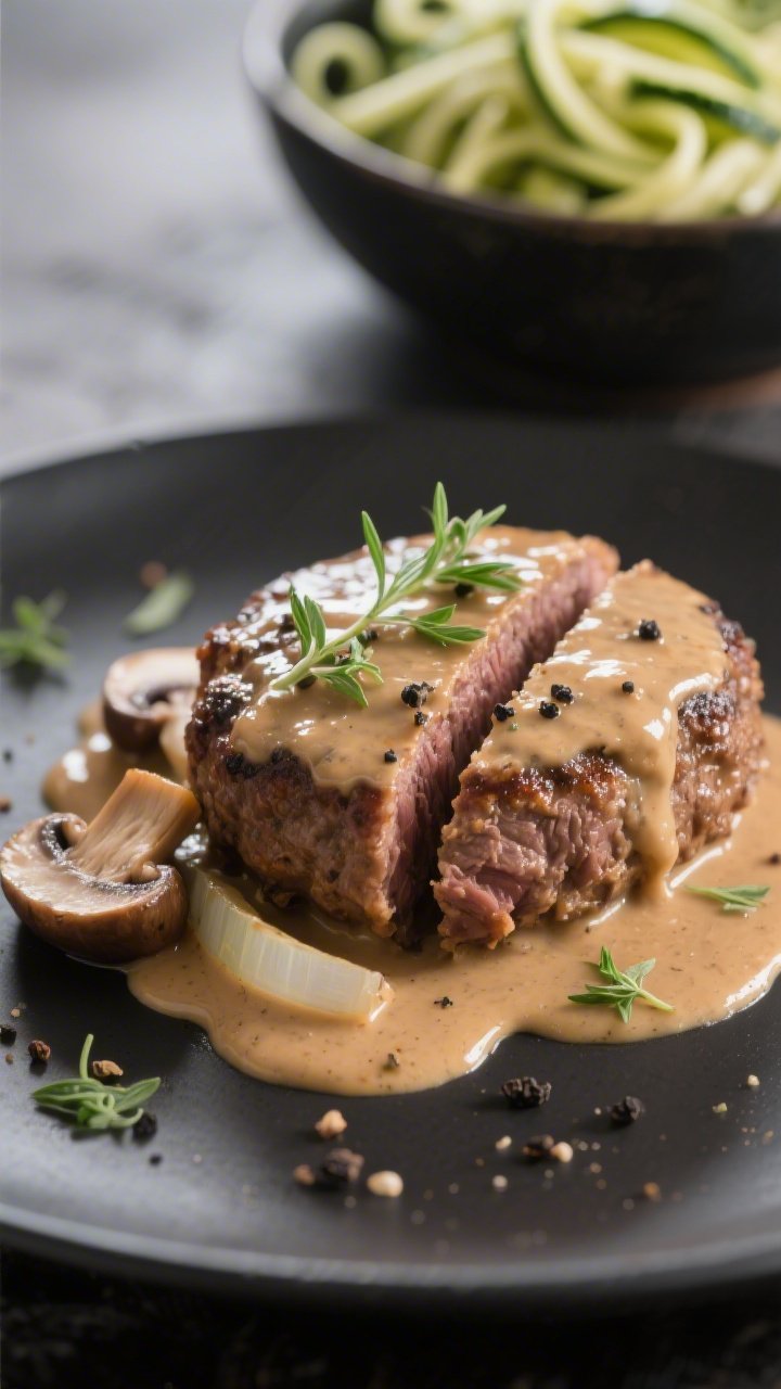 Final plated detail: Close-up of a single Salisbury steak partially sliced to show juicy interior, d