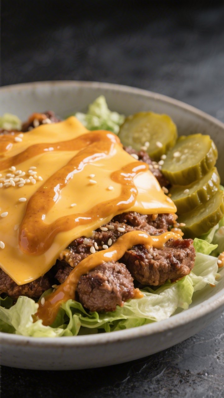Final plated detail: Close-up of the finished Keto Big Mac Bowl showcasing luscious texture—ribbon