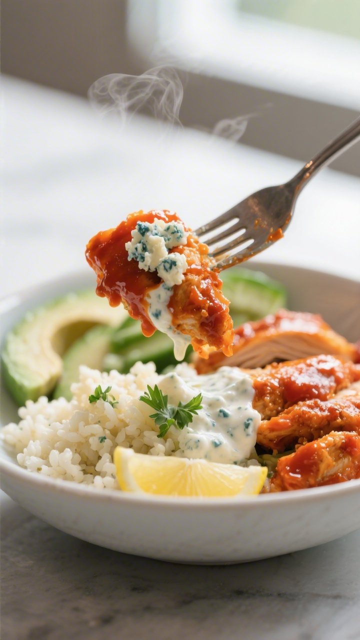 Final plated detail: Extreme close-up of a forkful lifted above the bowl showing juicy buffalo chick
