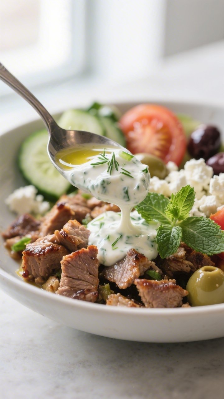Final plated detail: Macro close-up of a spoonful of tzatziki cascading over the gyro meat in the bo