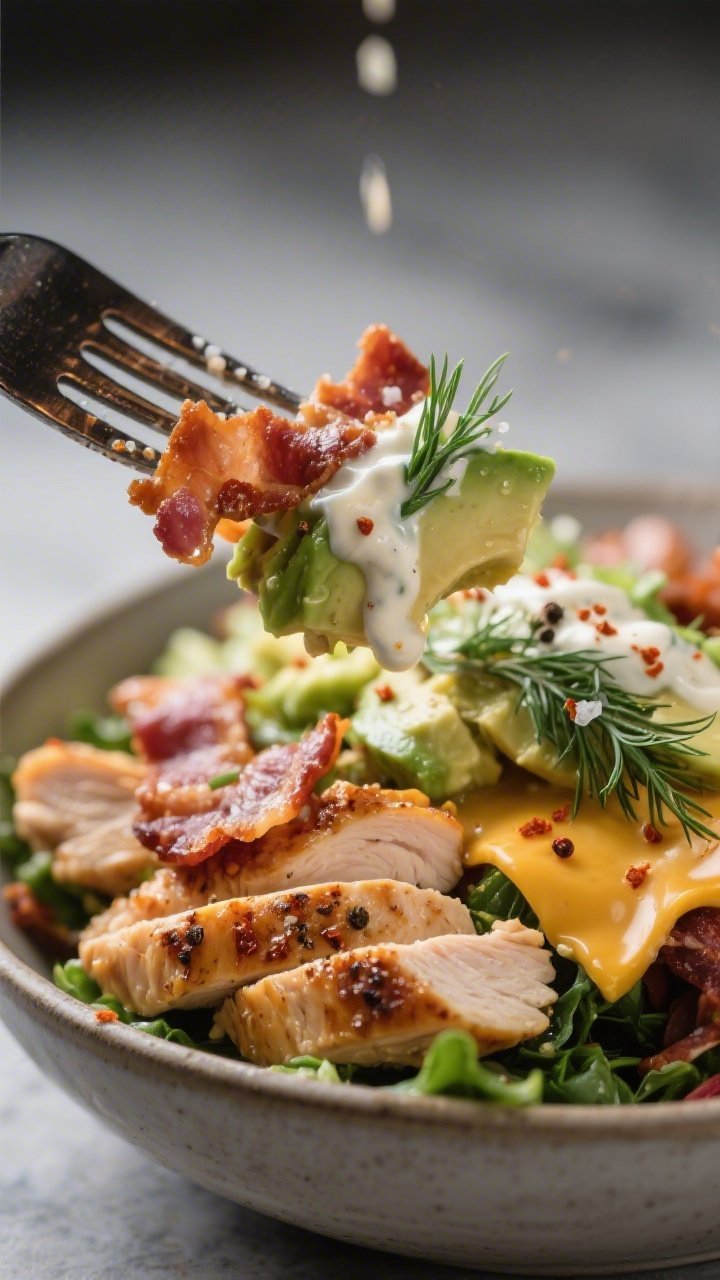 Final plated detail: Tight macro of a forkful lifted from the Keto Bacon Chicken Ranch Bowl showing 