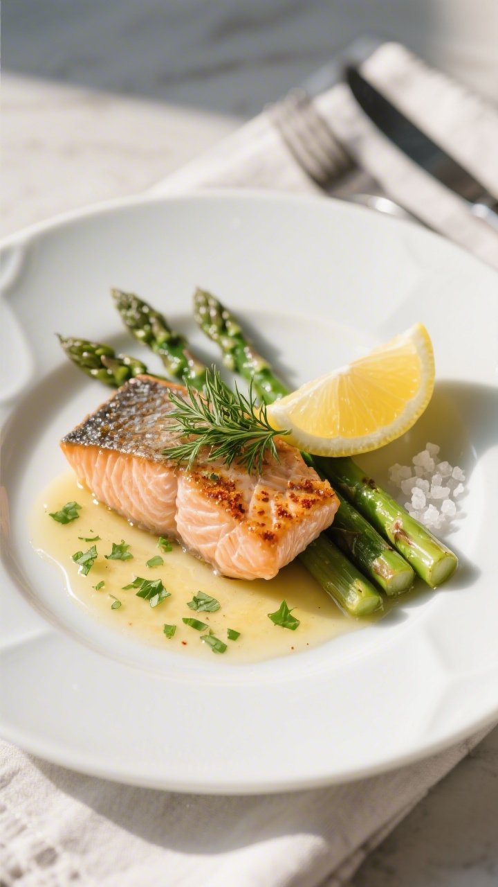 Final plated dish, : Beautifully plated garlic butter salmon with crisp-tender asparagus on a matte 