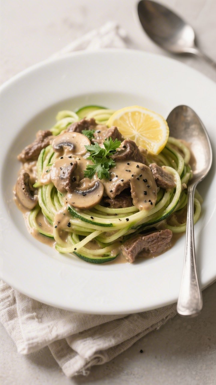 Final plated dish: Beautifully plated Keto Beef Stroganoff with Zoodles—crisp-tender zucchini nood