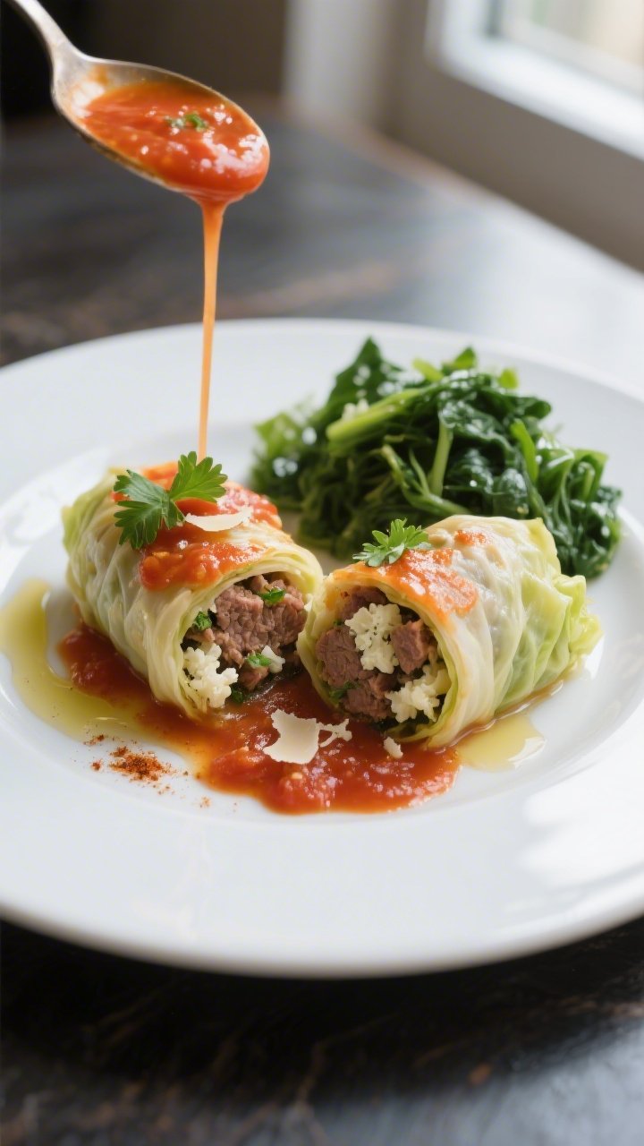Final plated dish, : Beautifully plated keto stuffed cabbage rolls (two rolls) on a white ceramic pl