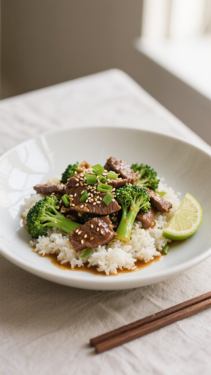 Final plated dish: Beautifully plated Low Carb Beef and Broccoli Stir Fry over fluffy cauliflower ri