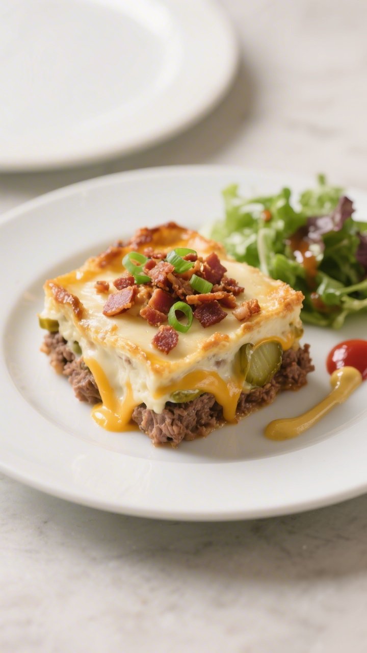 Final plated dish – Beautifully plated square of the casserole on a matte white plate, showcasing