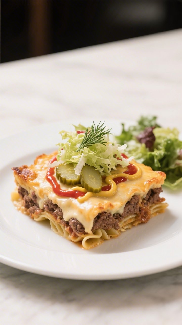 Final plated dish: Beautifully plated square of Bacon Cheeseburger Casserole on a white ceramic plat