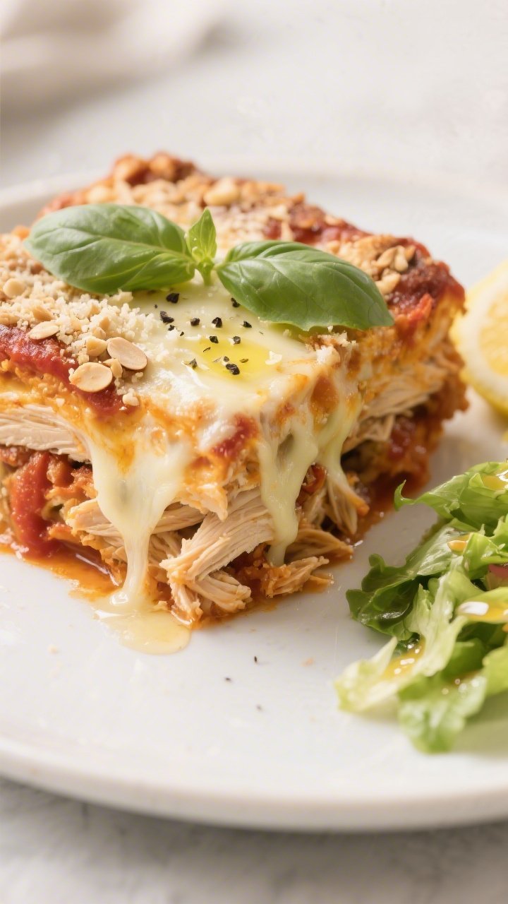 Final plated dish beauty: A generous square of Keto Chicken Parmesan Casserole served on a matte whi