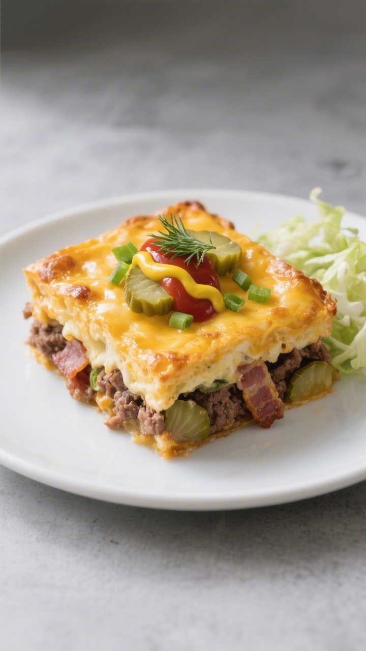 Final plated dish beauty: A golden, just-baked square of Keto Cheeseburger Casserole on a matte whit
