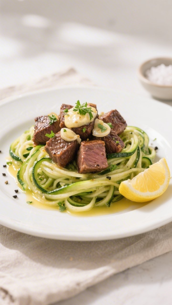 Final plated dish beauty: Garlic butter steak bites piled over tender-crisp zucchini noodles on a wi