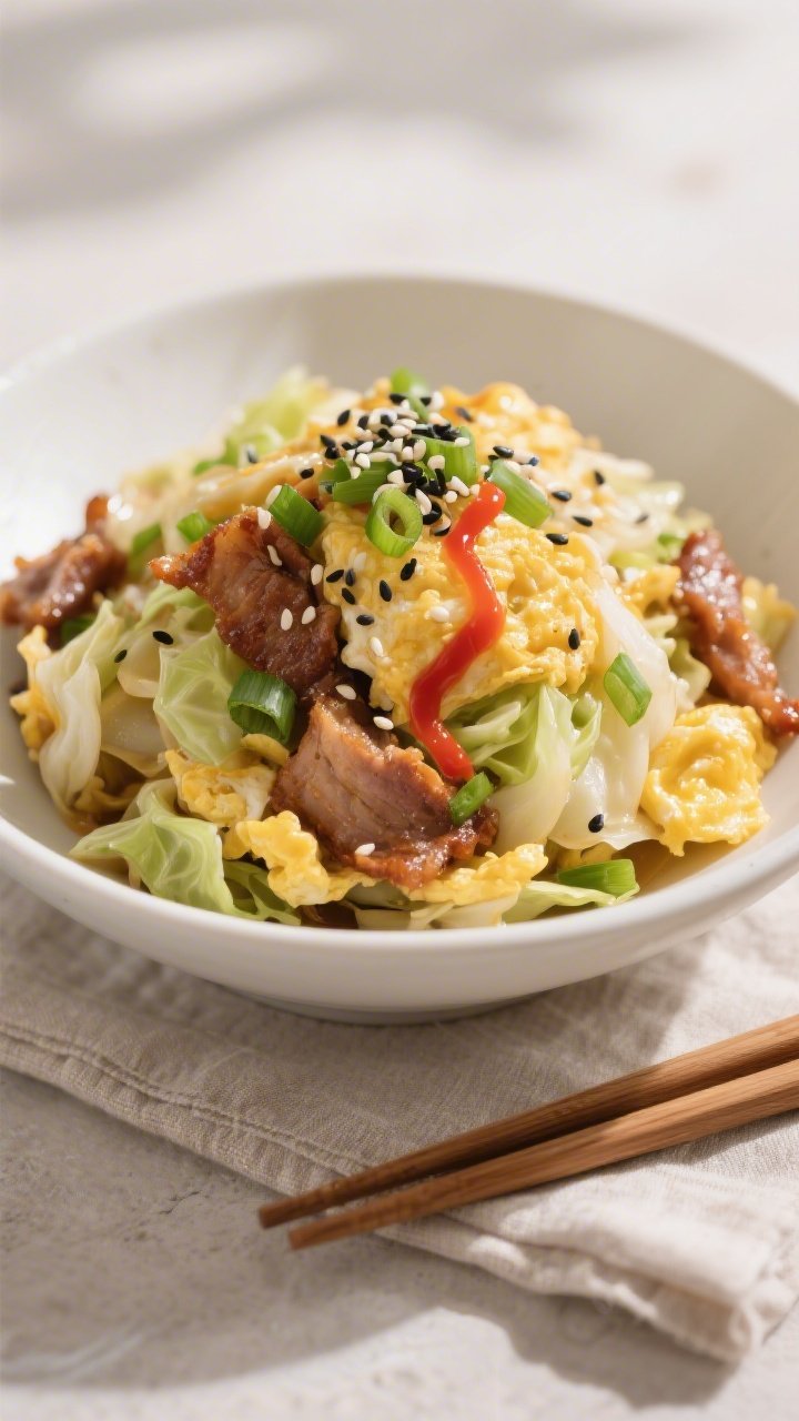 Final plated dish beauty shot: Keto Egg Roll in a Bowl mounded in a matte white shallow bowl, tender