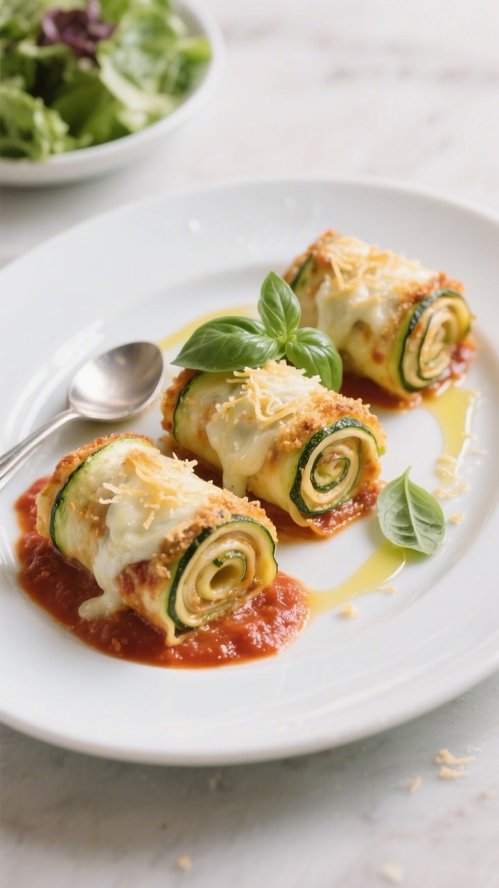 Final plated dish beauty: Three zucchini lasagna roll ups plated on a wide white rimmed plate with a