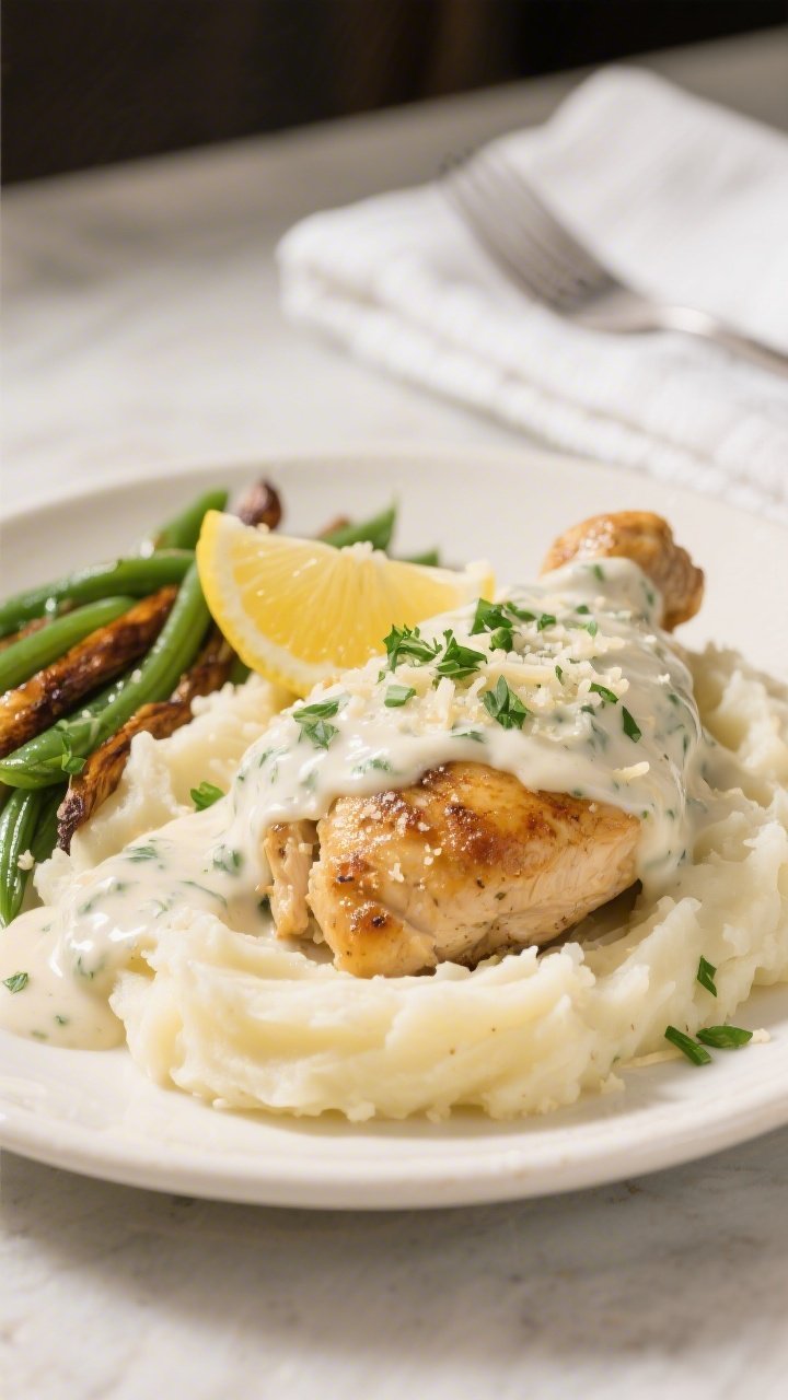 Final plated dish, comfort-style: Creamy Ranch Smothered Chicken served over a cloud of buttery mash