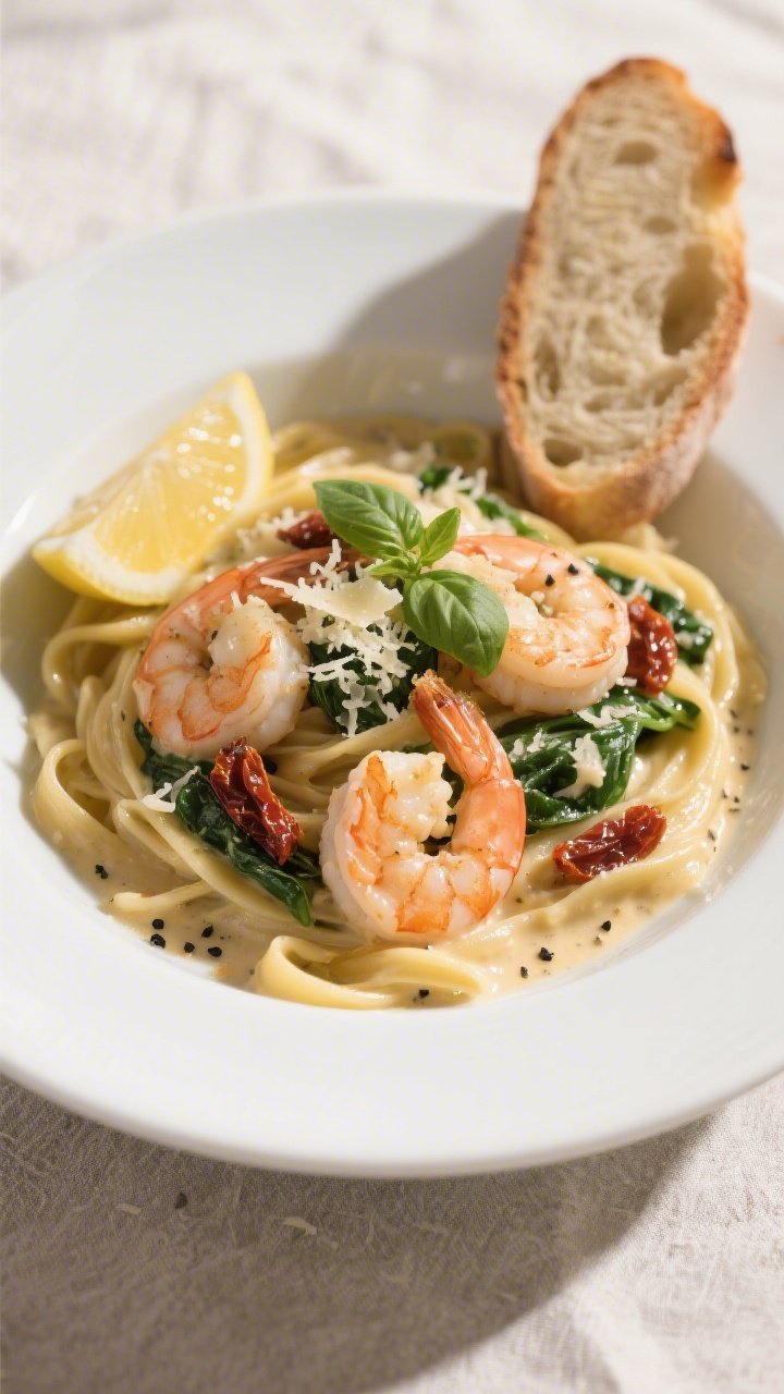 Final plated dish: Creamy Tuscan shrimp elegantly served over al dente fettuccine in a wide, shallow