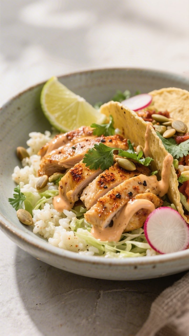 Final plated dish — Drizzled and ready to serve: Beautifully plated Keto Street Taco Bowl with chi