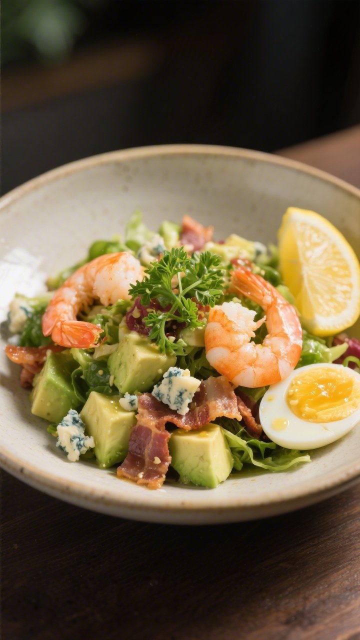 Final plated dish, elegant presentation: Beautifully plated Shrimp Cobb Salad in a shallow ceramic b