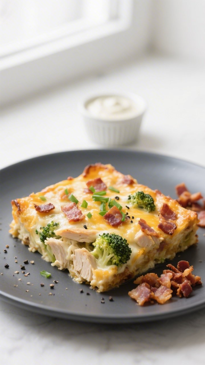 Final plated dish glamour: A beautifully plated square of baked Keto Chicken Bacon Ranch Casserole o
