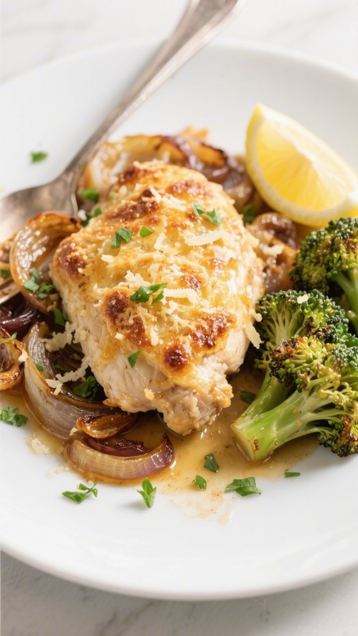 Final plated dish, overhead: Restaurant-quality plating of Keto French Onion Chicken Bake on a matte