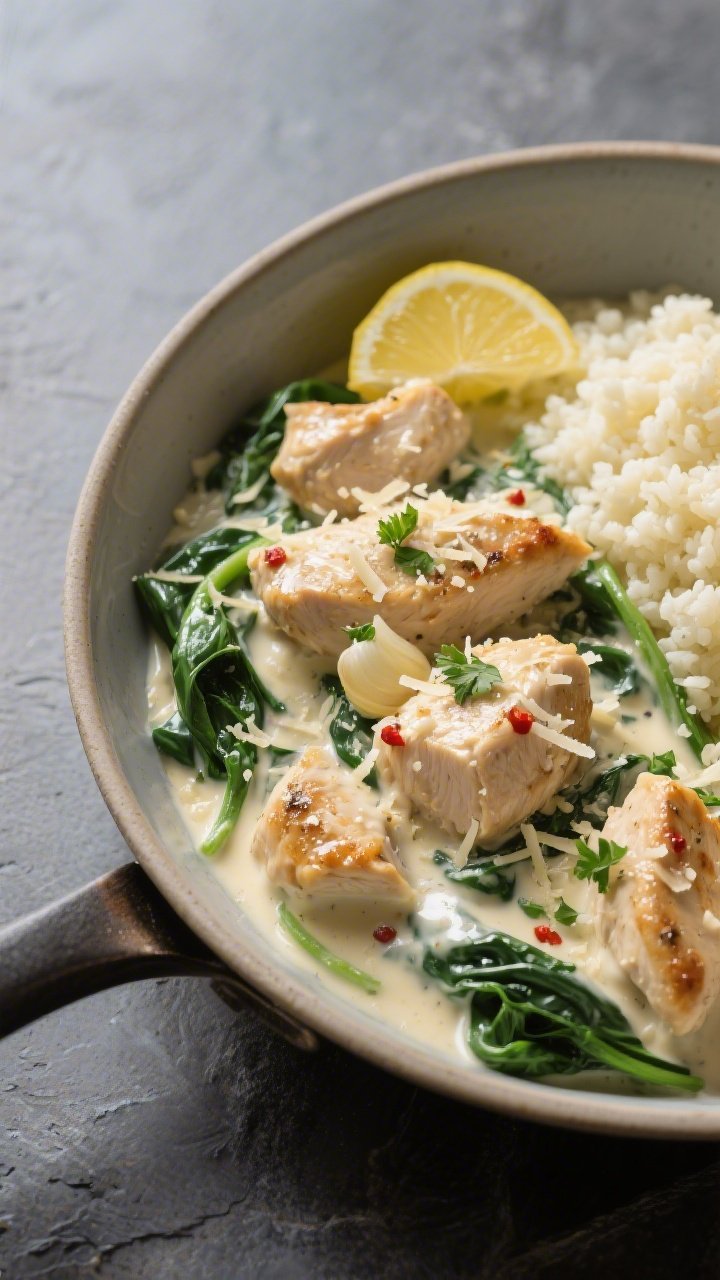 Final plated dish, restaurant presentation: Keto Cream Cheese Chicken Skillet served in a wide shall