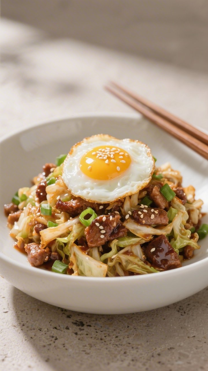 Final plated dish: Restaurant-quality bowl of Keto Egg Roll in a Bowl, glossy pork-and-cabbage mixtu