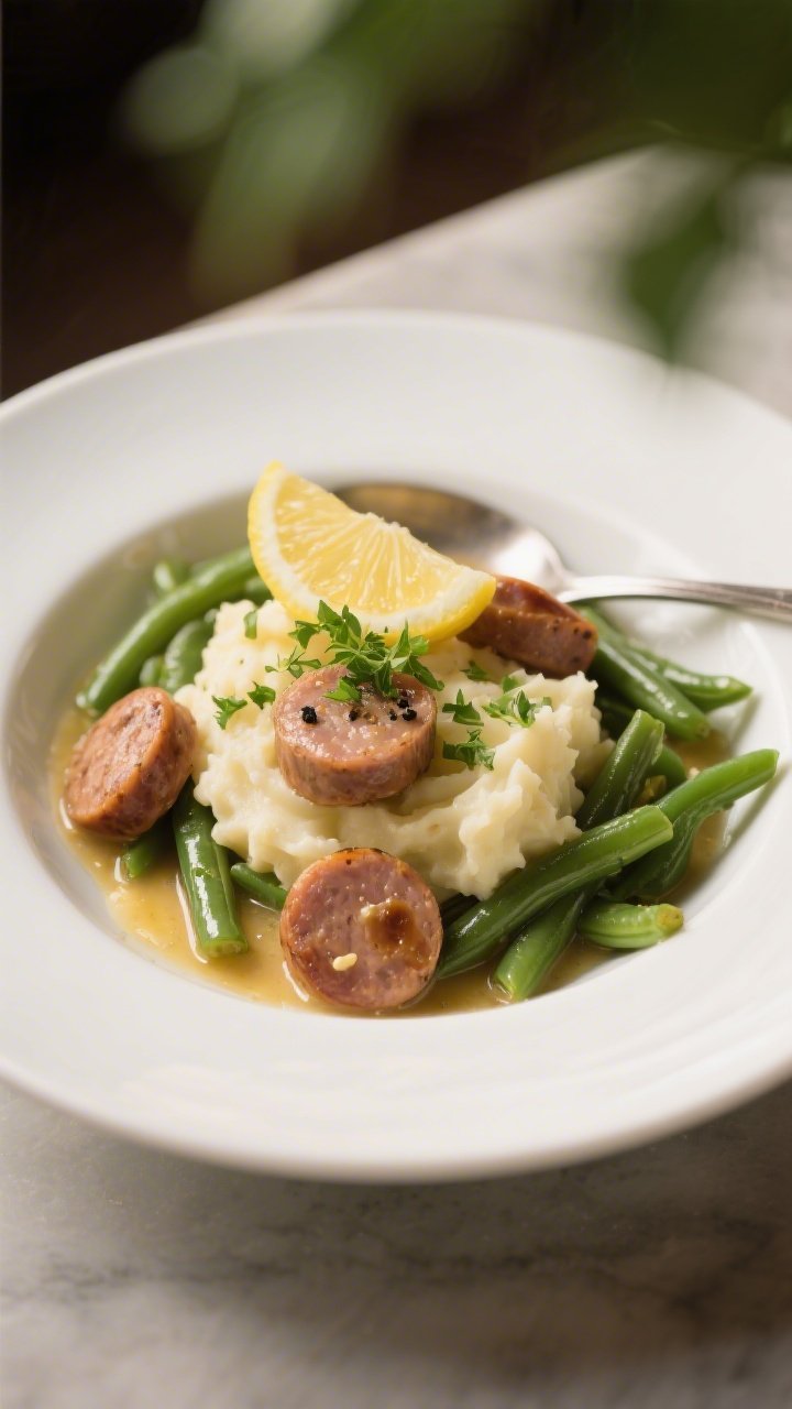 Final plated dish, restaurant-quality: Elegant shallow white bowl of Garlic Butter Sausage with Gree