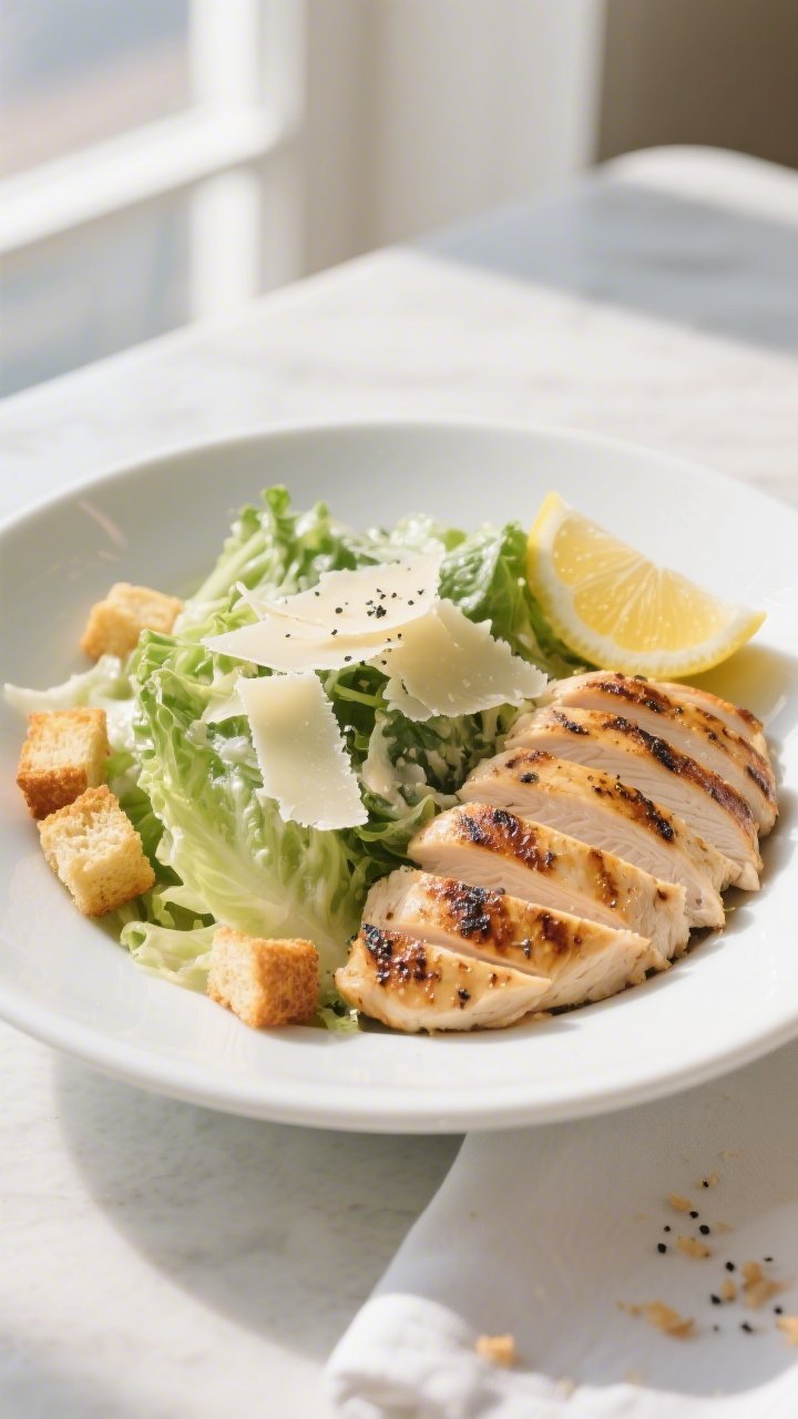 Final plated dish: Restaurant-quality Grilled Chicken Caesar Salad composed on a wide, shallow white
