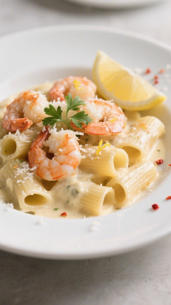 Final plated dish: Restaurant-quality plating of Shrimp Alfredo Bake on a wide white bowl, pasta tub