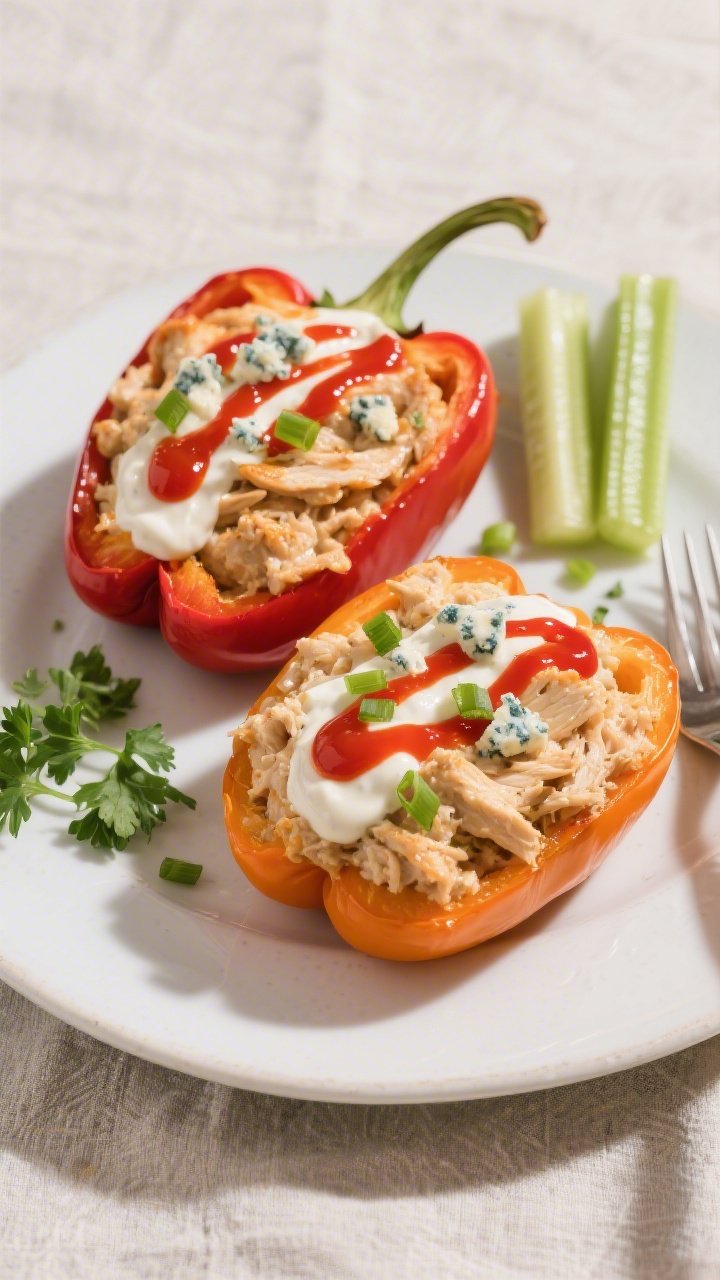Final plated dish, restaurant-quality presentation: Two Buffalo Chicken Stuffed Pepper halves (one r