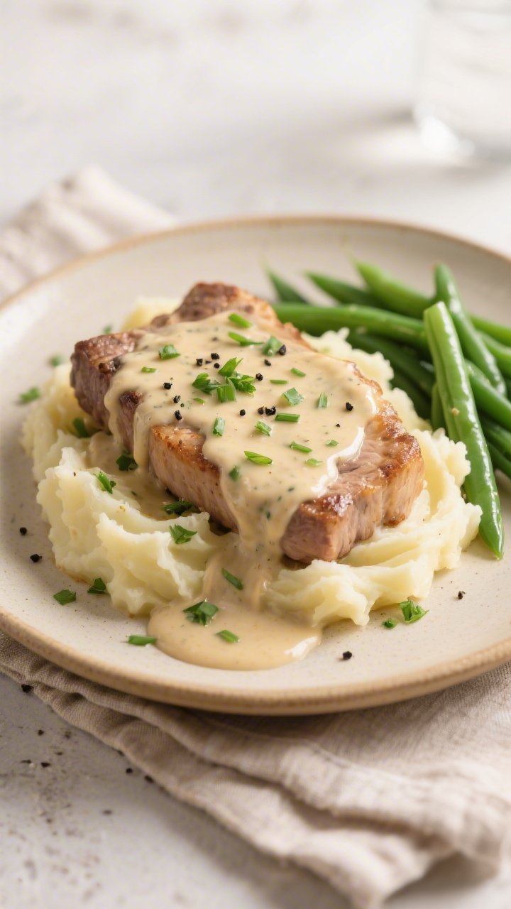 Final plated dish, restaurant-quality presentation: Crockpot Creamy Ranch Pork Chops plated over but