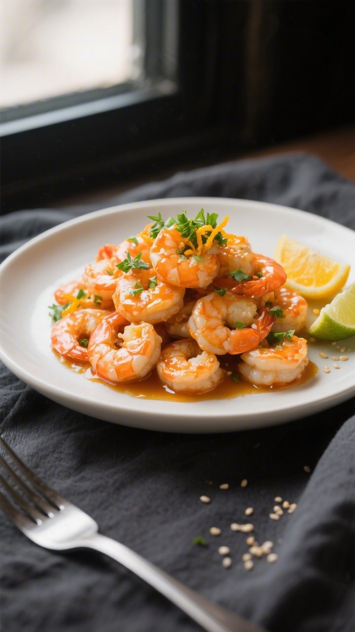Final plated dish, restaurant-quality presentation: Keto Orange Garlic Shrimp piled high on a matte 