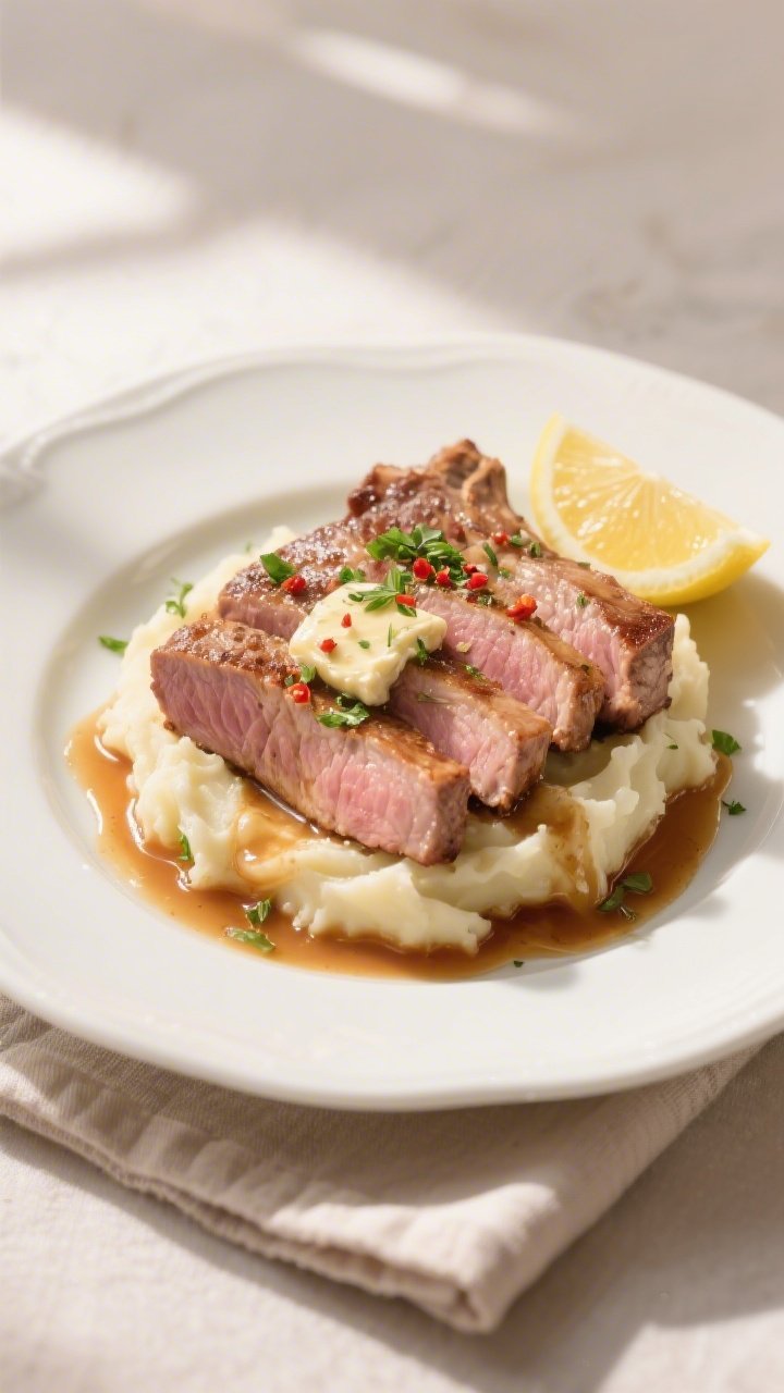 Final plated dish: Restaurant-quality presentation of Garlic Herb Butter Pork Chops sliced to reveal