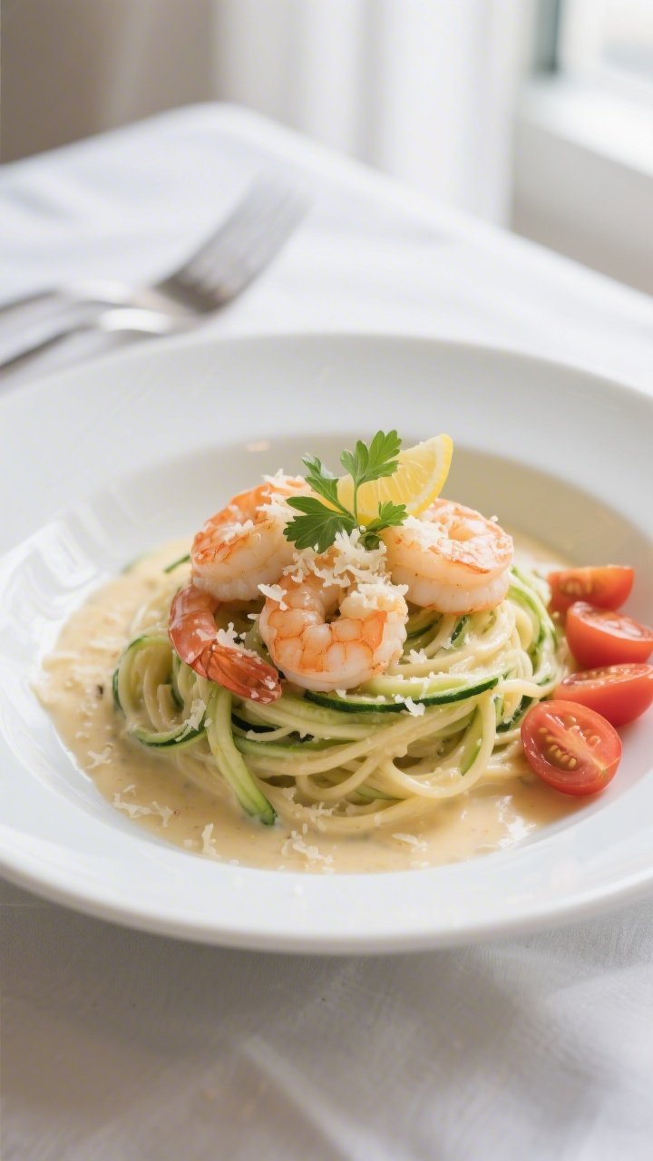 Final plated dish: Restaurant-quality presentation of Shrimp Alfredo with Zoodles twirled into a nea