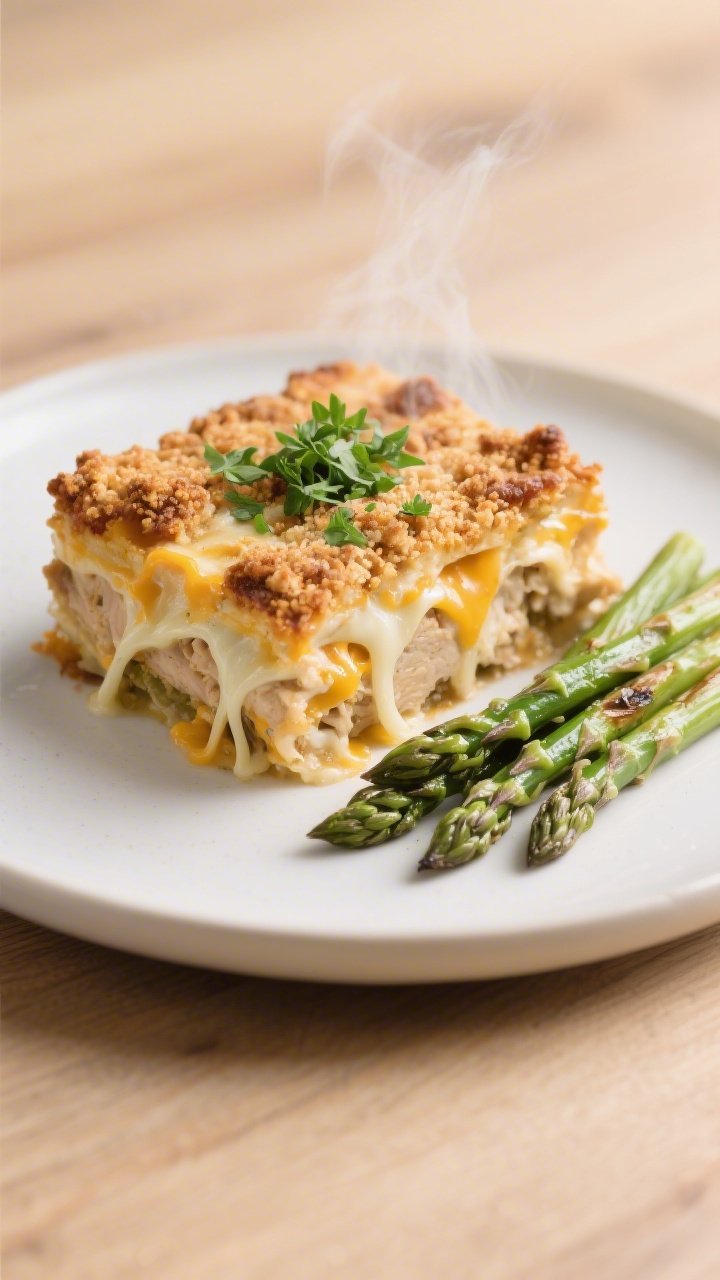 Final plated dish: Restaurant-quality presentation of a generous square of keto million dollar chick