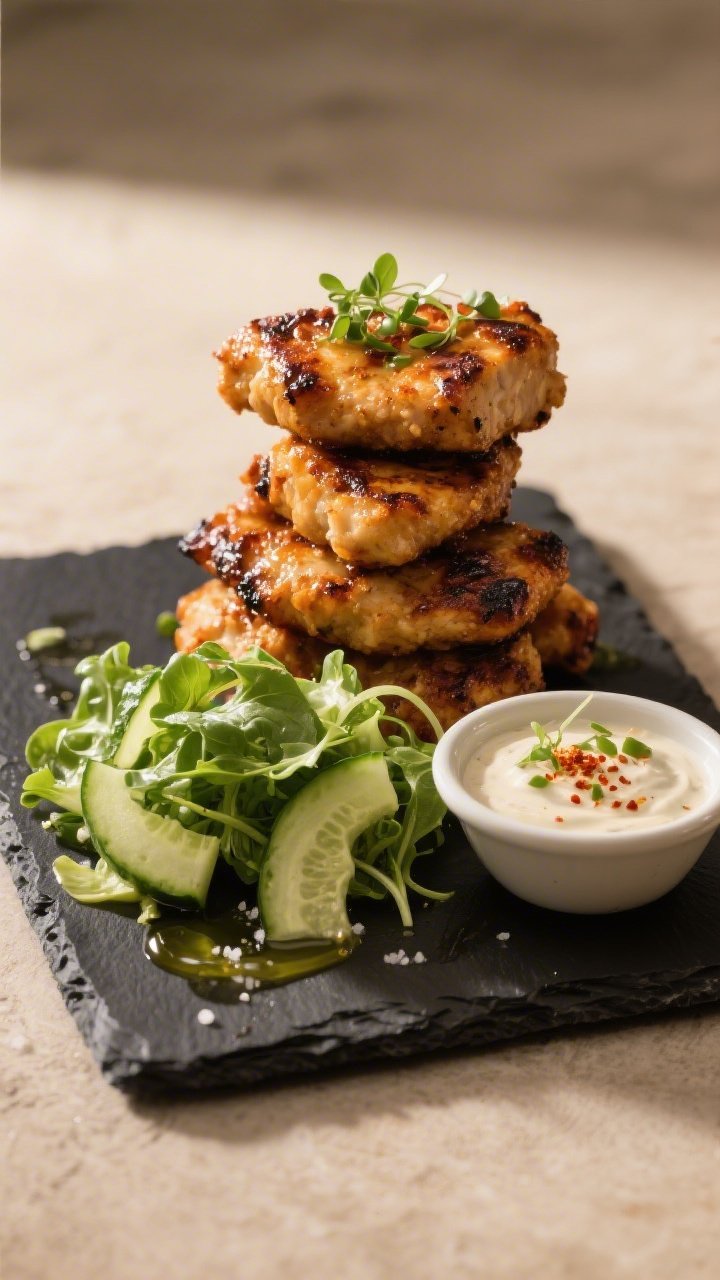 Final plated dish: Restaurant-quality presentation of keto Chick-fil-A style grilled nuggets stacked