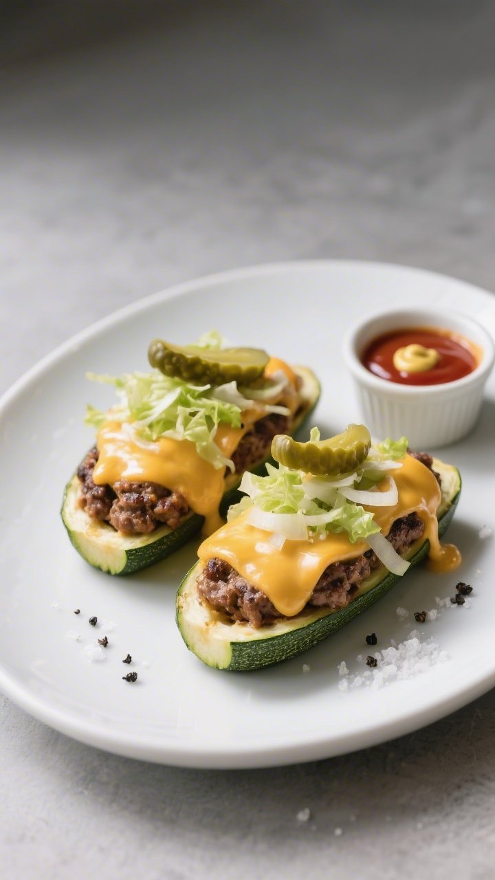 Final plated dish, restaurant-quality presentation: Two cheeseburger stuffed zucchini boats on a wid