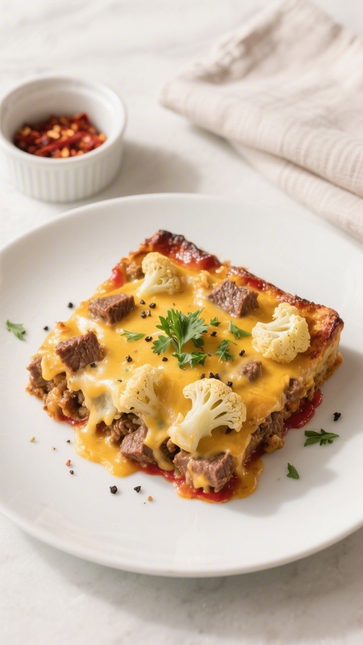 Final plated dish: Restaurant-quality presentation of a generous square of Cheesy Beef and Cauliflow