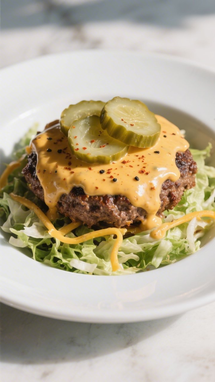 Final plated dish: Restaurant-quality presentation of a generous scoop of keto cheeseburger skillet 