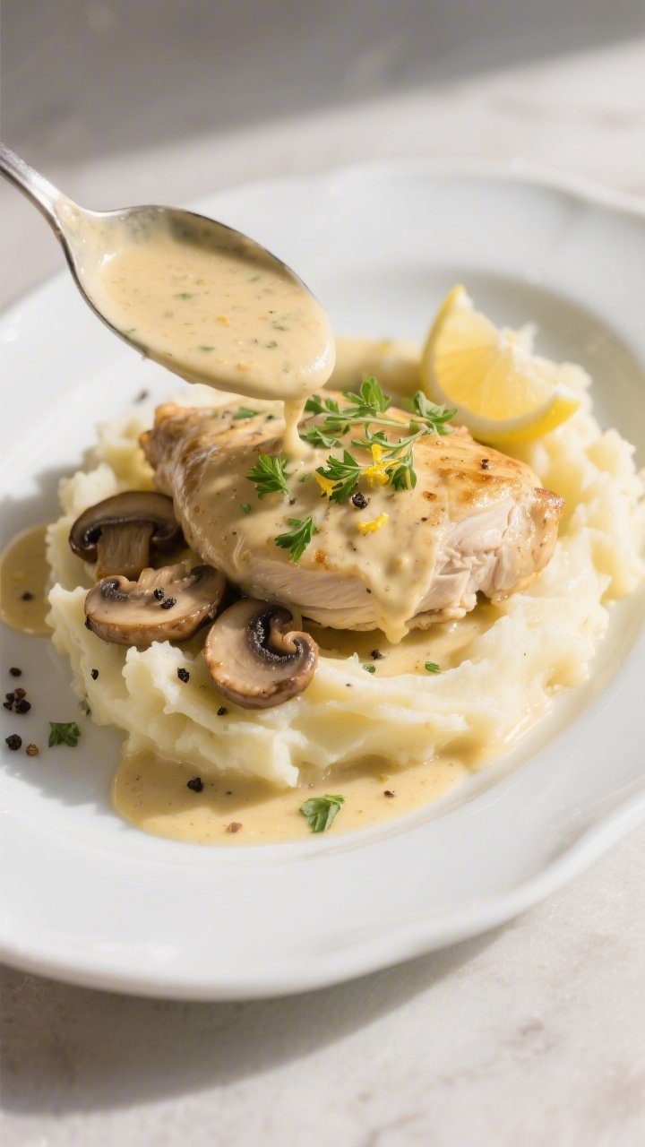 Final plated dish: Restaurant-quality presentation of Creamy Dijon Chicken served over buttery mashe