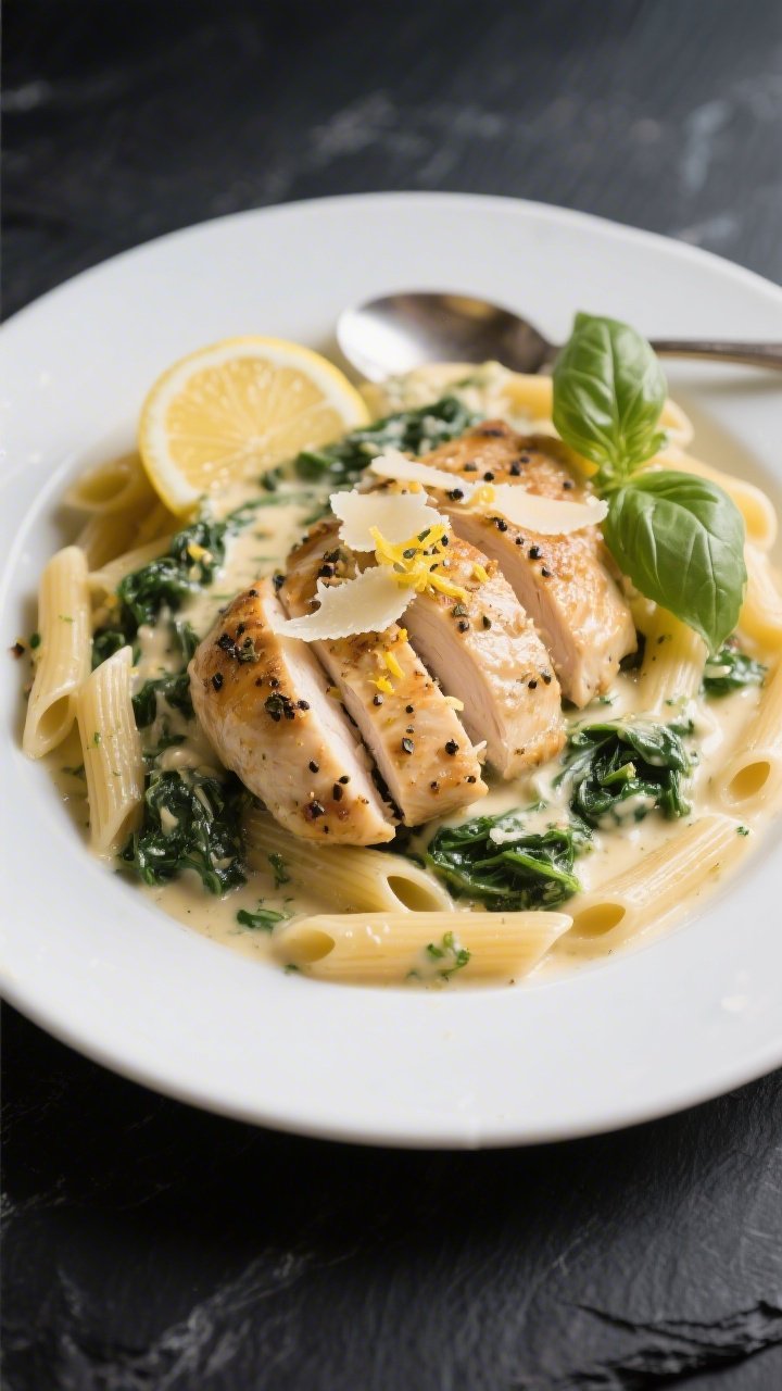 Final plated dish, restaurant-quality presentation: Beautifully plated Italian Chicken Florentine on