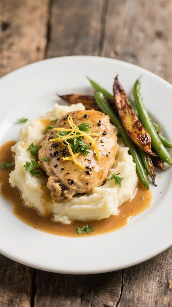 Final plated dish: Restaurant-quality presentation of Slow Cooker Garlic Butter Chicken over creamy 