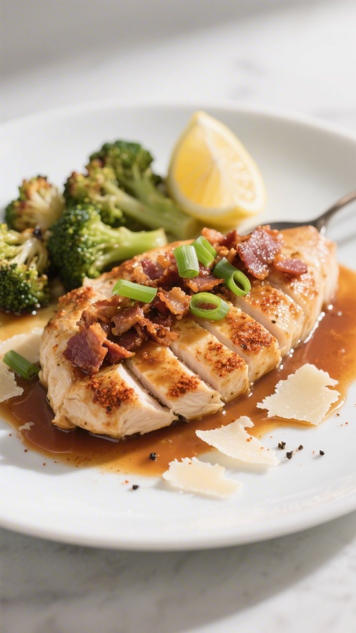 Final plated dish: Restaurant-quality presentation of a sliced chicken breast topped with the rich, 