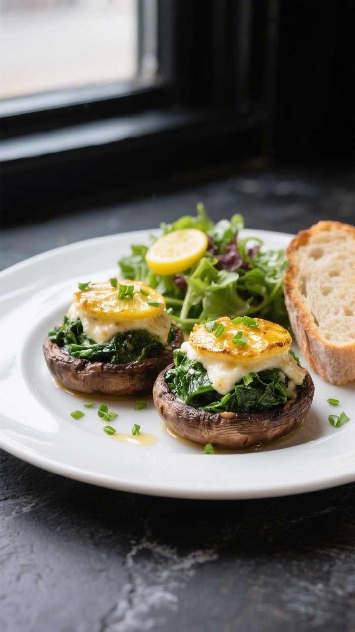 Final plated dish: Restaurant-quality presentation of two spinach cheese stuffed portobello mushroom