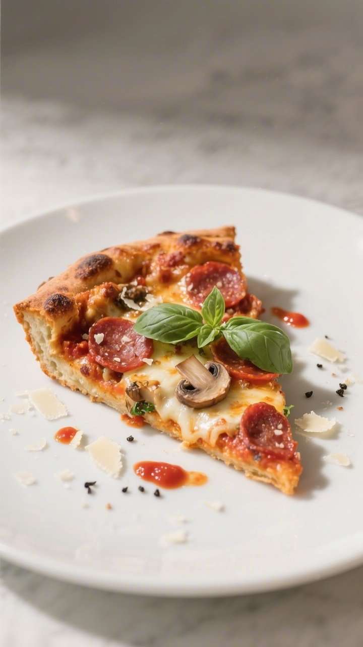 Final plated dish: Restaurant-quality presentation of a deep-dish keto pizza slice on a matte white 