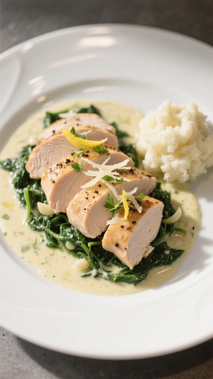 Final plated dish, restaurant-style: Beautifully plated sliced chicken breast fanned over a pool of 