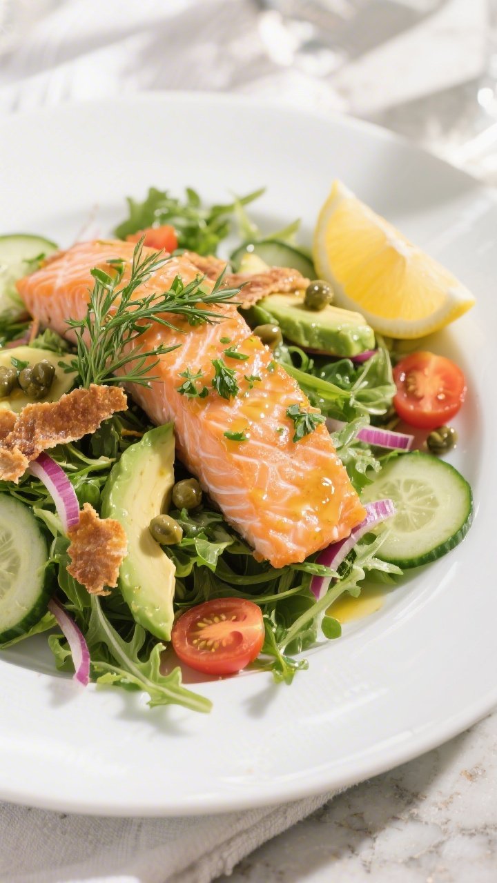 Final plated dish, restaurant-style presentation: Lemon Herb Salmon Salad arranged on a wide white c
