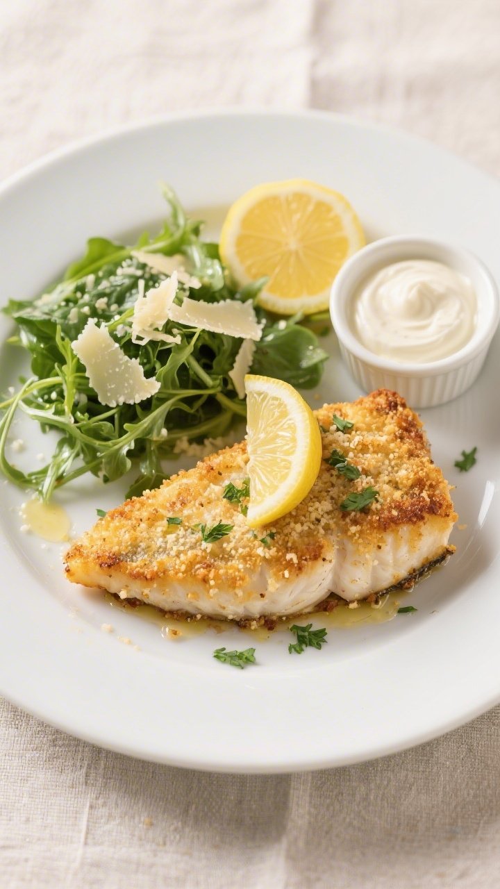 Final plated dish: Restaurant-worthy presentation of baked Parmesan crusted tilapia on a white ceram