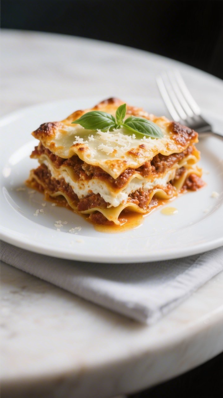 Final plated hero: A clean, tall slice of baked keto lasagna on a white rimmed plate, layers holding