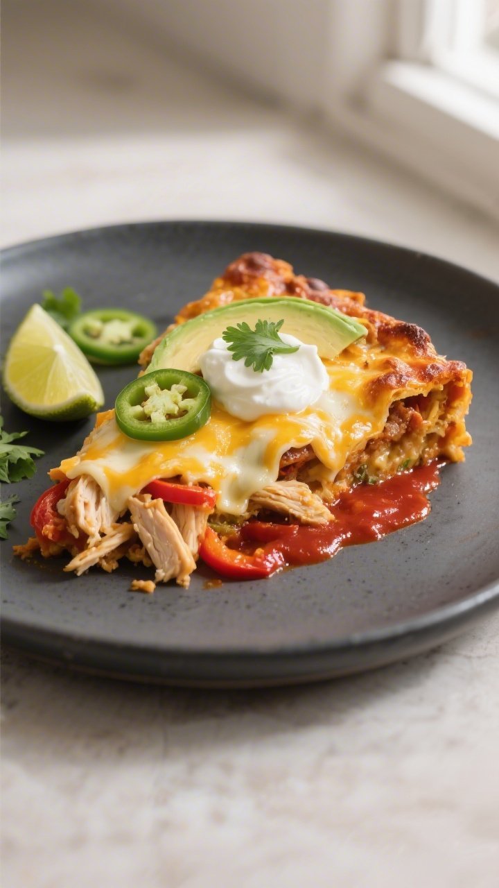 Final plated hero: Beautifully baked Keto Chicken Enchilada Casserole slice on a matte charcoal plat