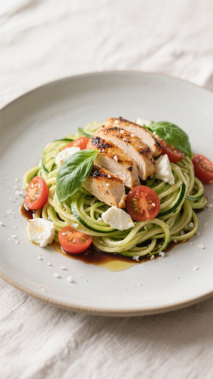 Final plated hero: Restaurant-quality plate of Zoodle Caprese with Grilled Chicken—twirled nest of